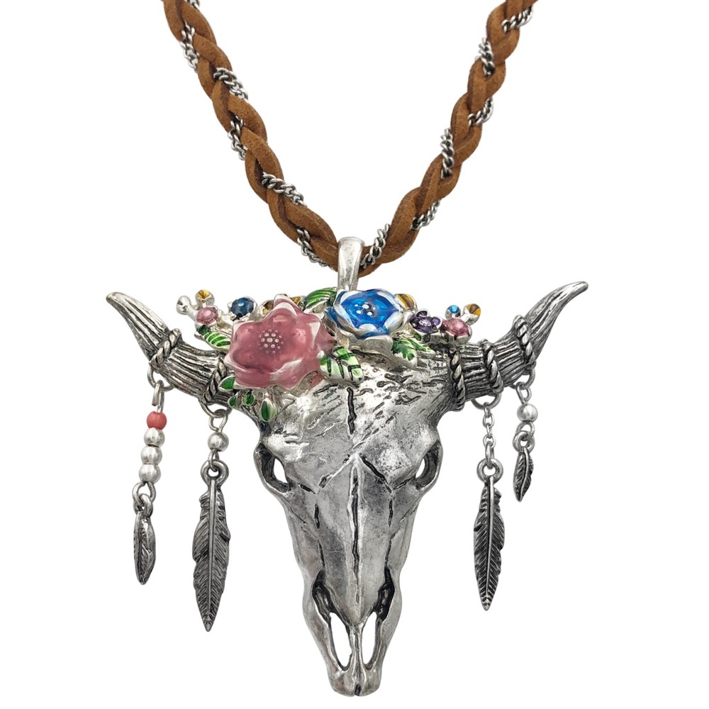 Longhorn Steer Skull Western Suede Long Necklace